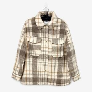 Zara Plaid Overshirt Size XL Oversized‎ Shacket Neutral Cozy Cabin Rustic Fall